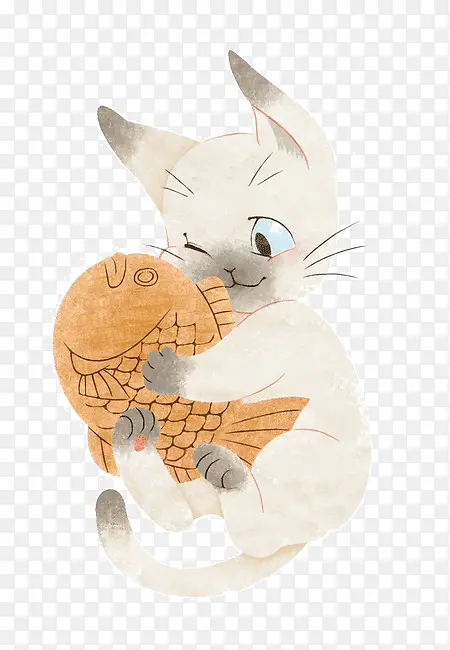 手绘猫抱着鱼