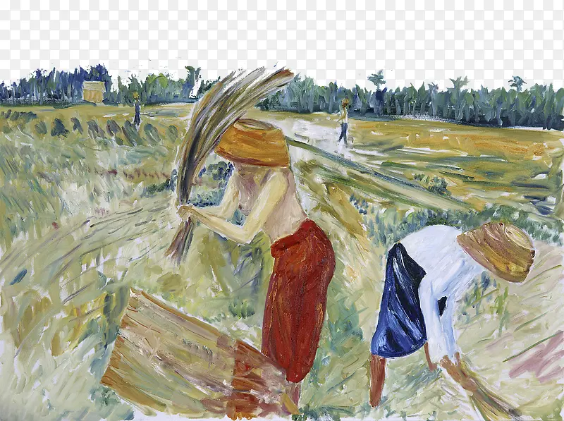 油画插图收麦子场景