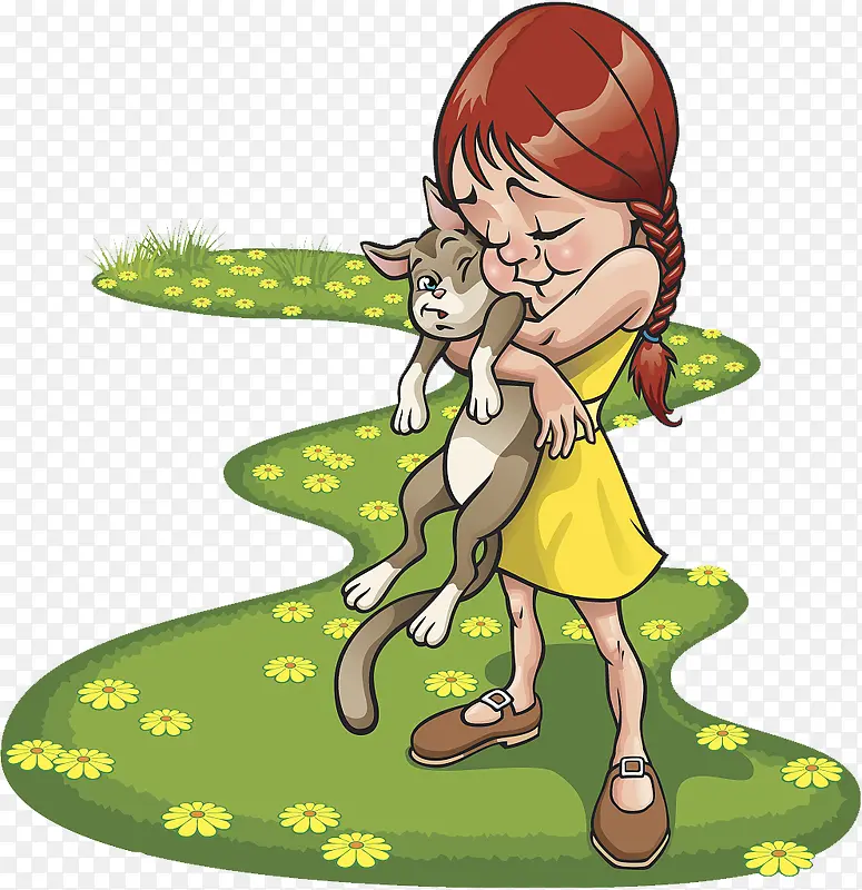 草地上抱着小猫的小女孩