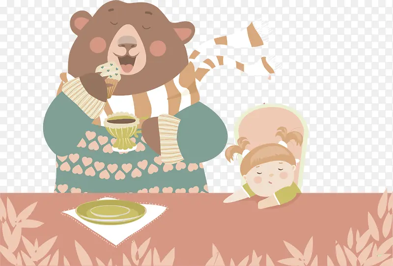 森林动物卡通插画熊与小女孩素材