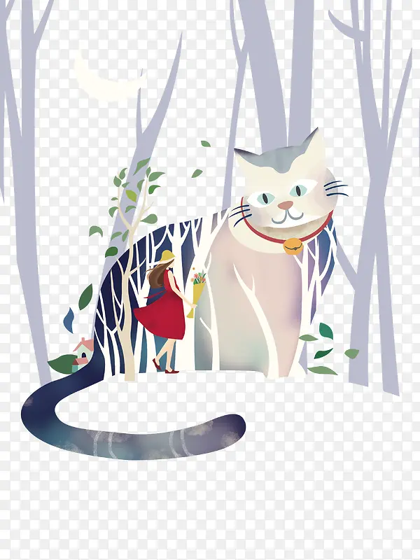 免抠卡通手绘森林里的猫咪女孩