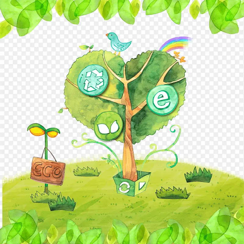 绿色 手绘 环保 树叶 树木 吊牌
