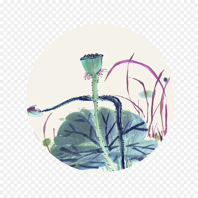 清明水墨风圆形荷花山水画