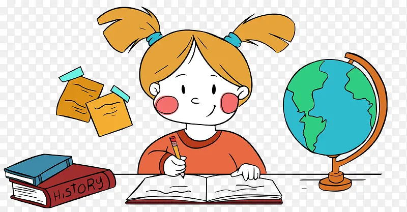 卡通小女孩学习复习地理知识矢量
