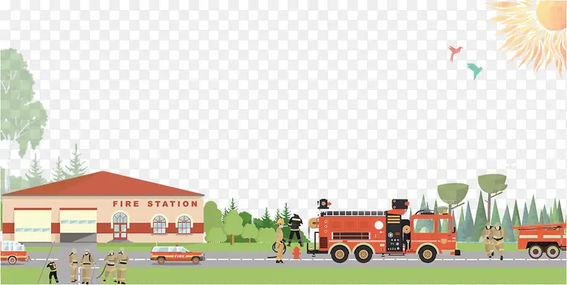 卡通手绘消防车与房屋