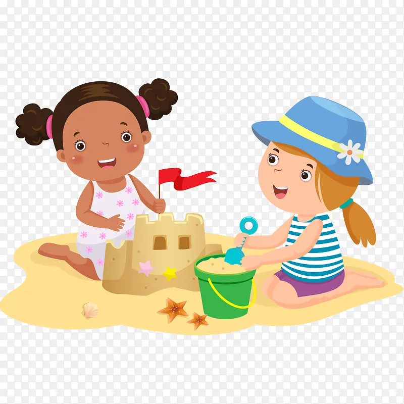 两个小女孩堆沙堡插画