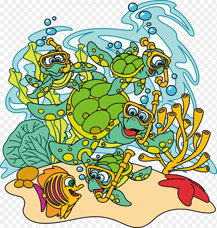 卡通乌龟潜水海底矢量图