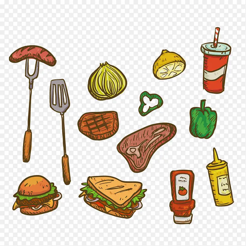 野餐烧烤食物和物品矢量图