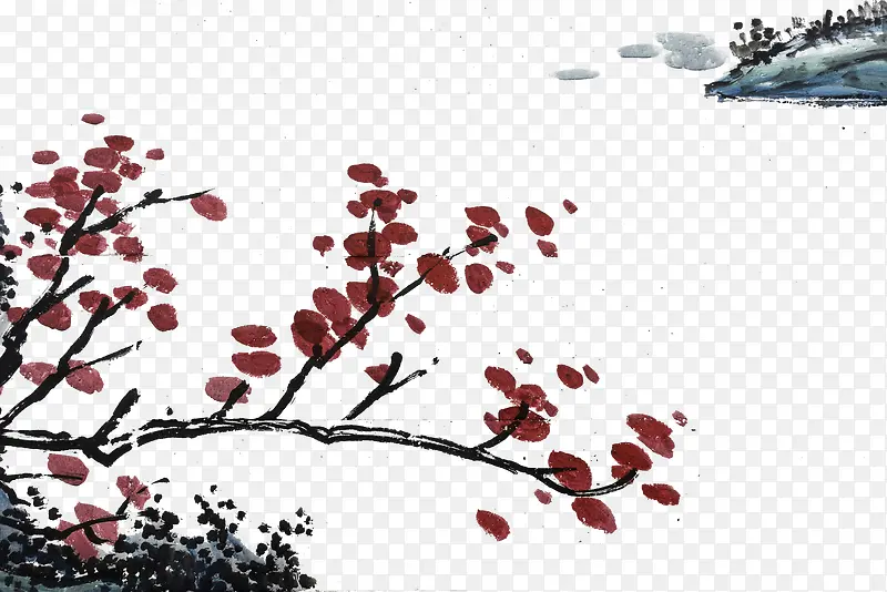 红色中国风花朵水墨画
