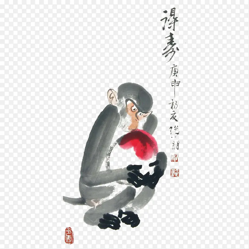 中国风水墨猴子拜寿插画免抠