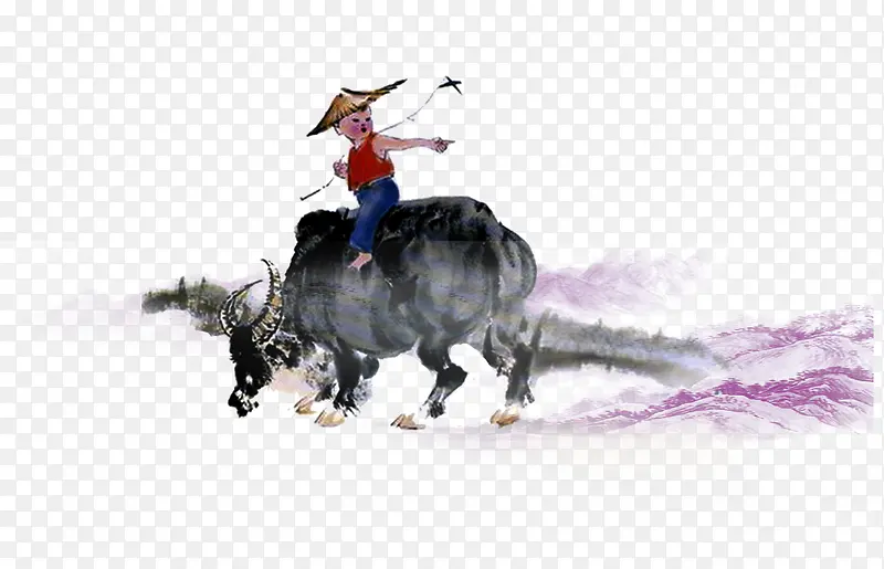 免抠卡通手绘水墨骑牛的孩子