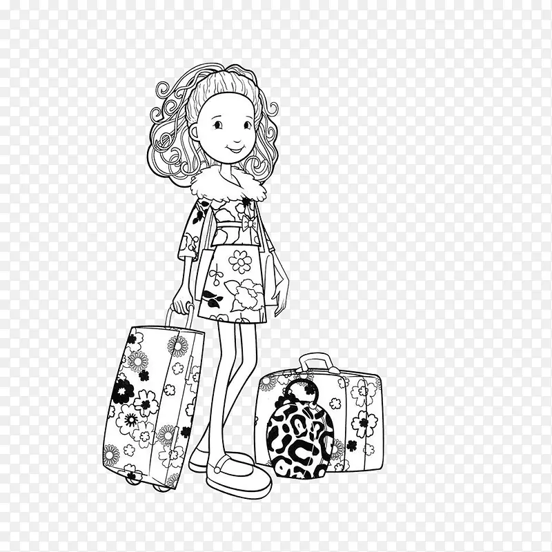 卡通女孩拉着行李箱