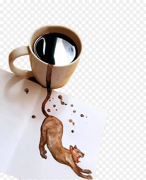 咖啡流出在纸上形成猫咪图案
