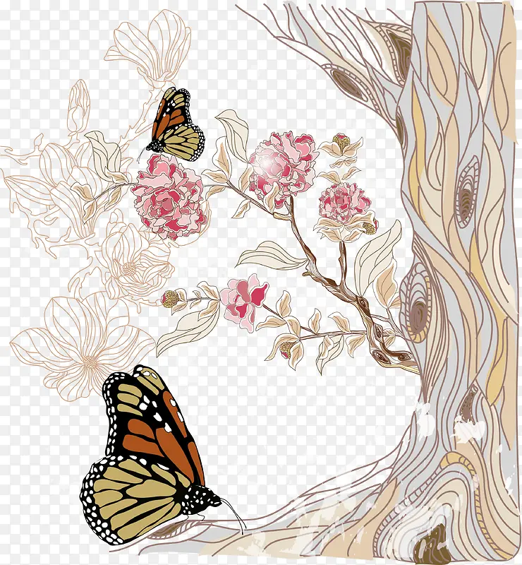 卡通手绘蝴蝶树木