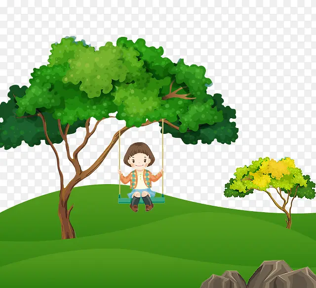 免抠卡通手绘草地上荡秋千的女孩