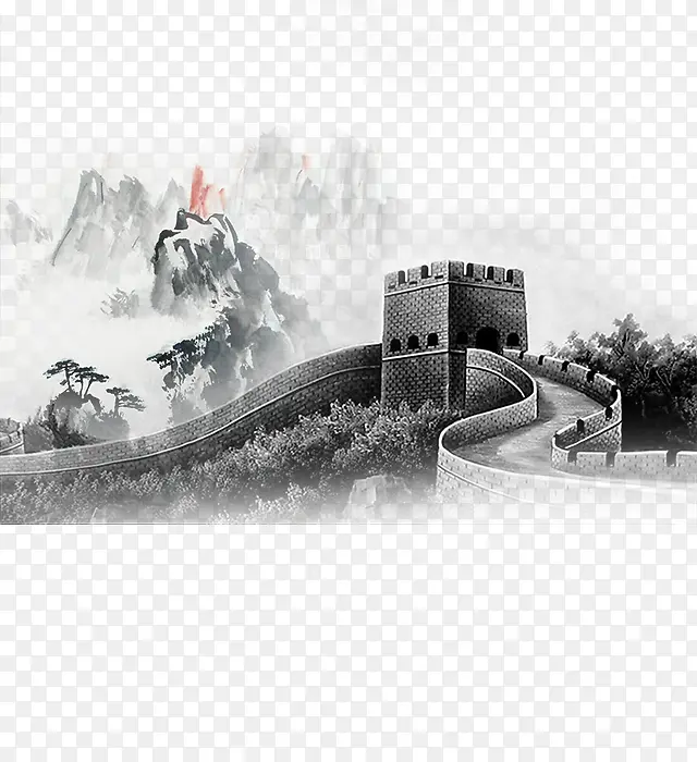 万里长城水墨画透明背景