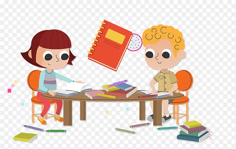 卡通手绘在学习收拾桌子的小朋友