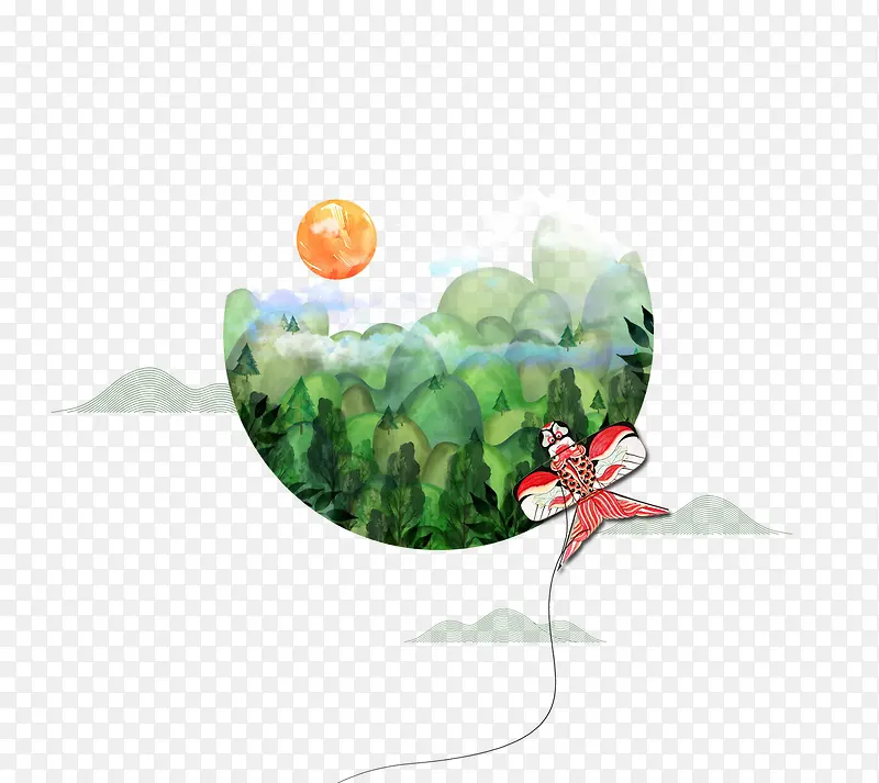 清新文艺圆形彩绘风筝树林图标