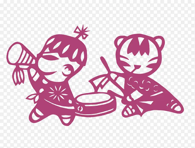 紫色民族剪纸娃娃在敲鼓