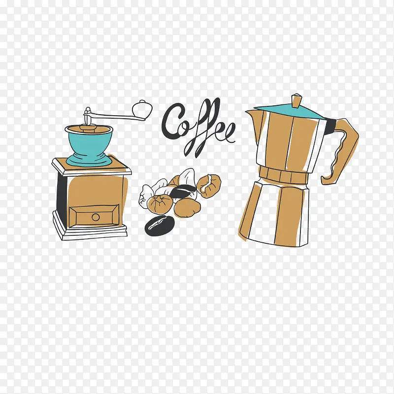 矢量手绘水彩咖啡豆咖啡器具