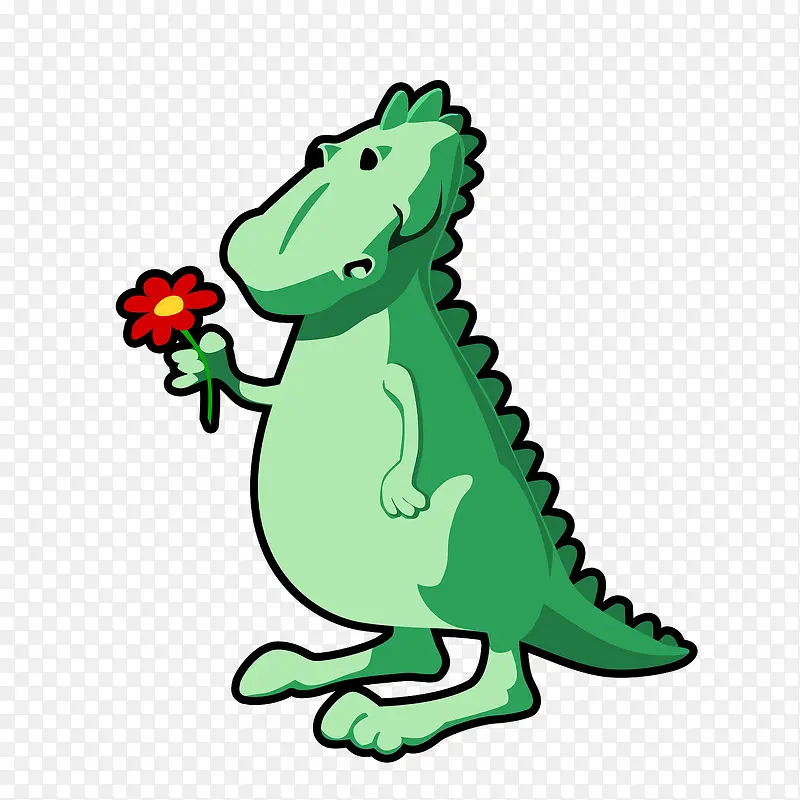 手绘卡通恐龙拿着花