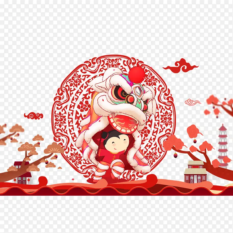 中国风舞狮祥云剪纸