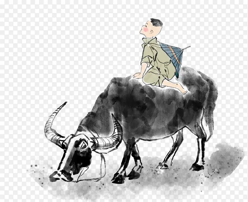 水墨插画清明节国画放牛的牧童