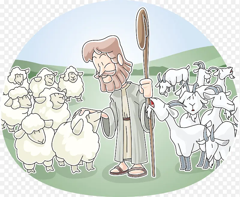 卡通放羊的老人羊群