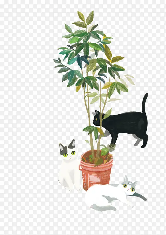 卡通手绘猫与盆栽