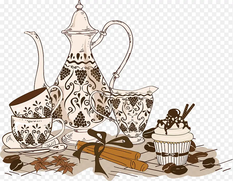 矢量图花纹茶壶茶杯