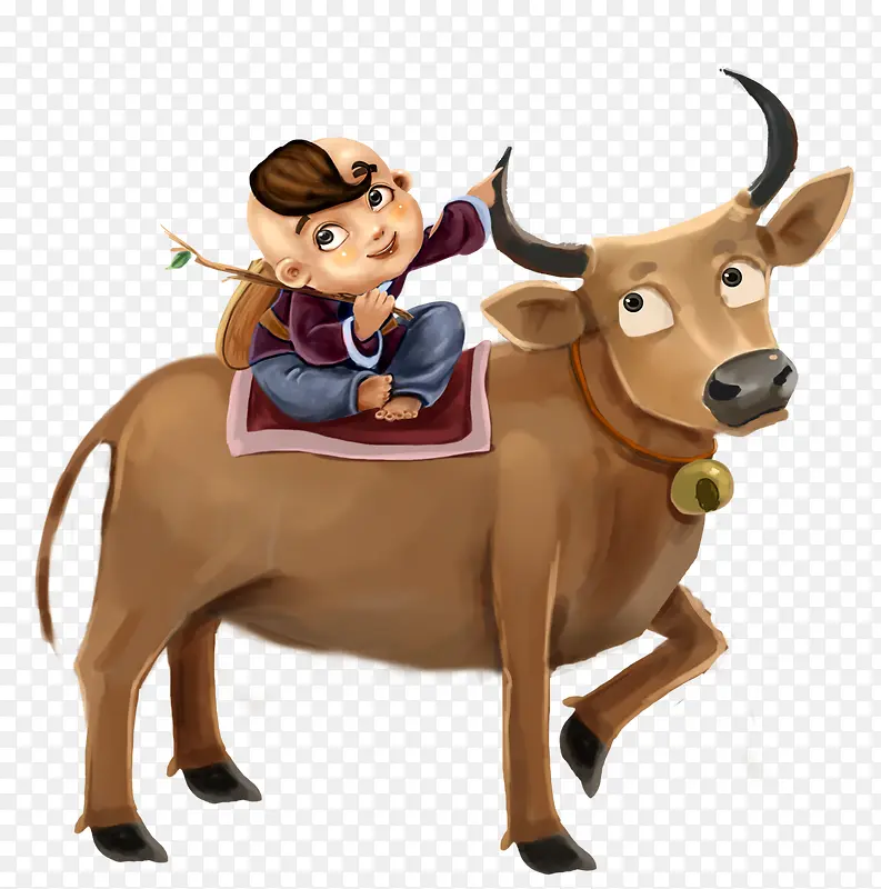 手绘可爱插画清明节牧童与牛