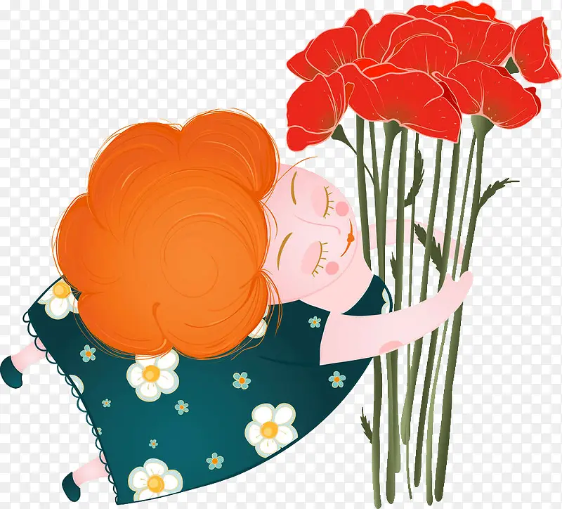 手绘可爱插图母亲节妈妈手抱着花