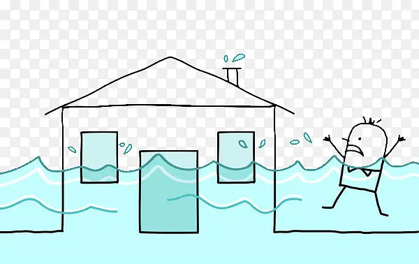 卡通插图洪灾淹没的房子呼救的人