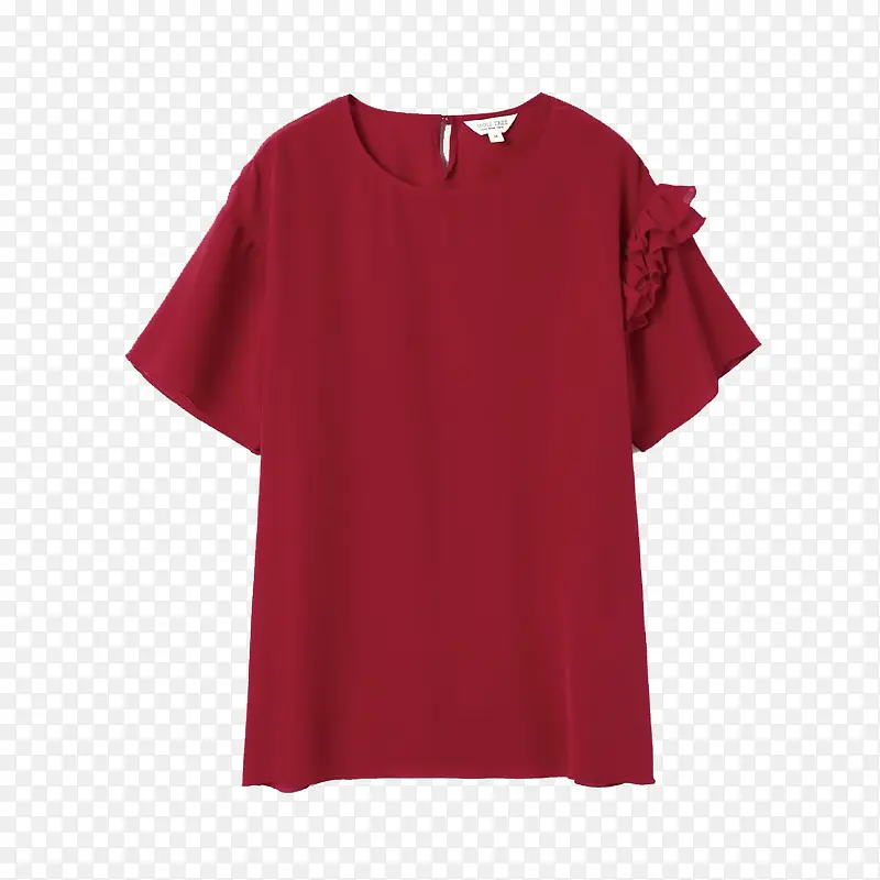 深红色圆领短袖真丝 衬衫
