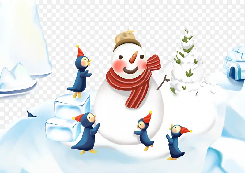 围着雪人的四个小企鹅