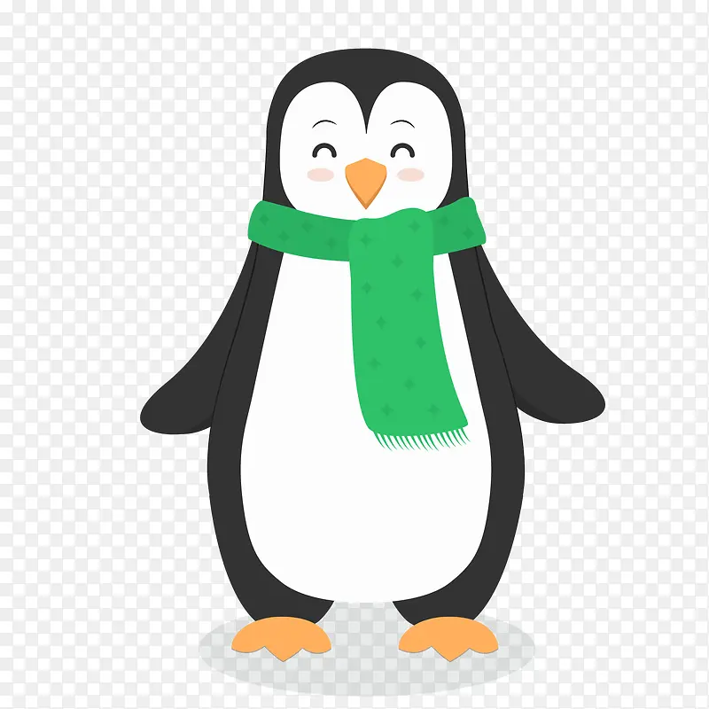 围着绿围巾的卡通企鹅矢量图