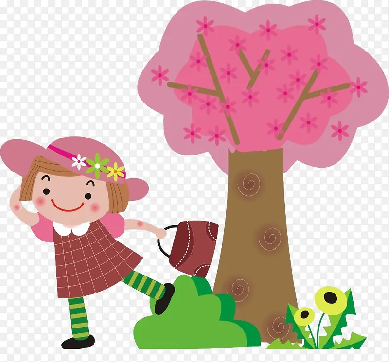 粉红小女孩小树装饰背景