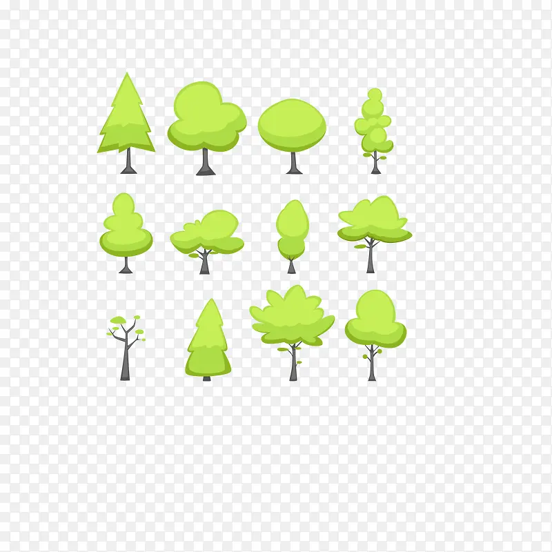 矢量绿色卡通简笔森林小树集合