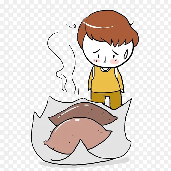 卡通手绘男孩和冒热气的烤红薯插