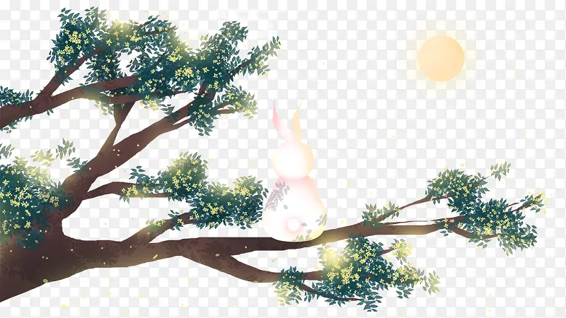 免抠卡通手绘中秋节坐在树枝上赏