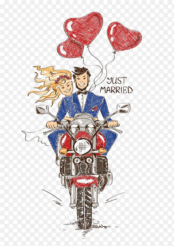 动漫骑摩托车的新婚夫妇