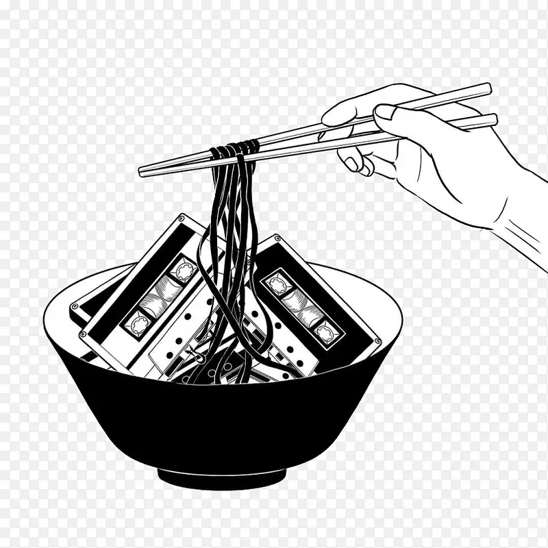 用筷子夹住碗里的磁带