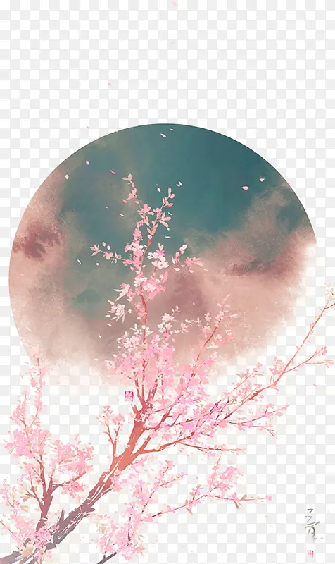 红褐色中国风花枝月亮装饰图案