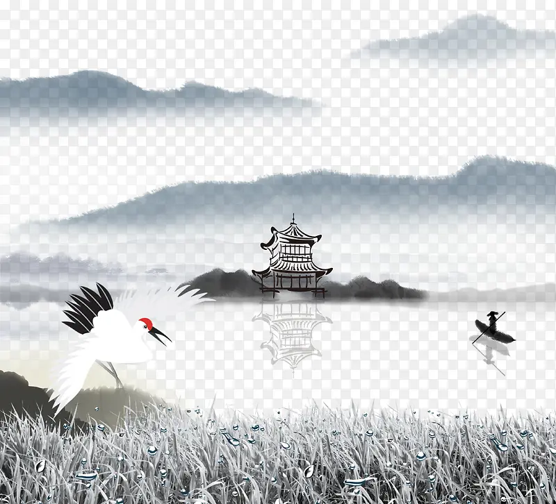手绘湖边江水风景中国风