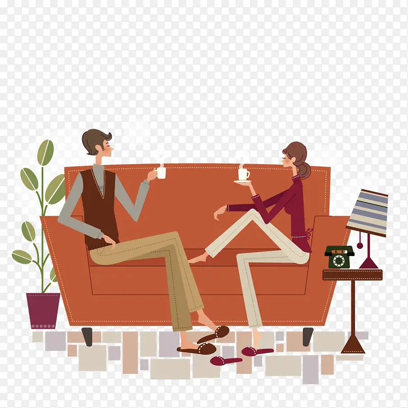 坐在沙发上喝咖啡的情侣