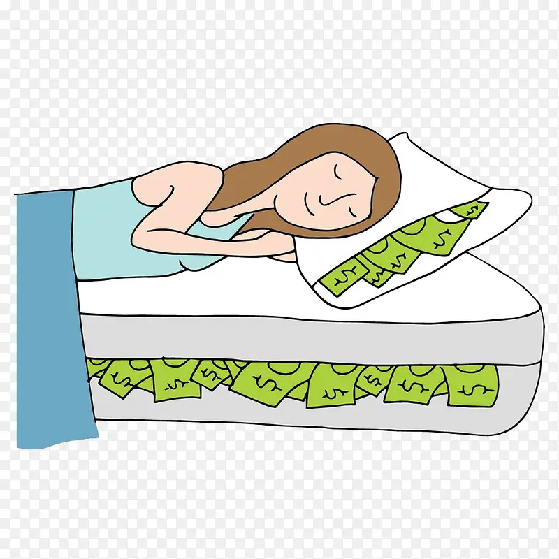 卡通插图枕着钱睡着的女孩
