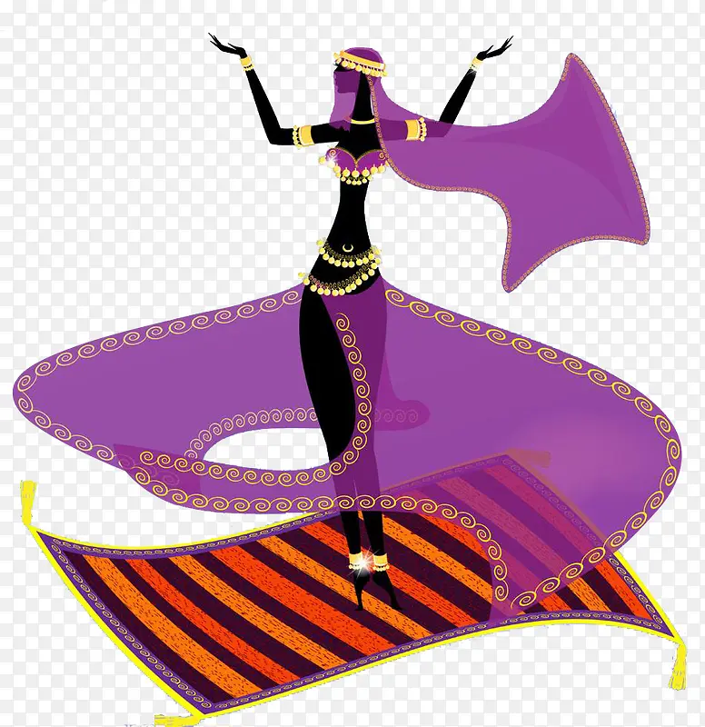 紫色阿拉伯女人在条纹魔法飞毯上