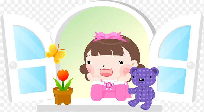 手绘窗边的小女孩矢量图