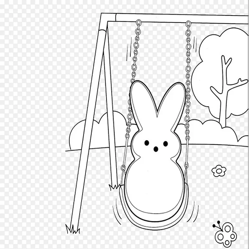 荡秋千的兔子卡通手绘线稿图片