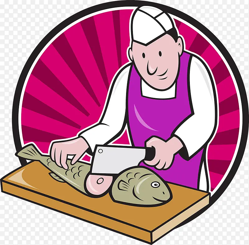 厨师磨刀切鱼卡通图